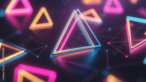 Vibrant neon triangles in a digital landscape, creating a dynamic and colorful geometric pattern.