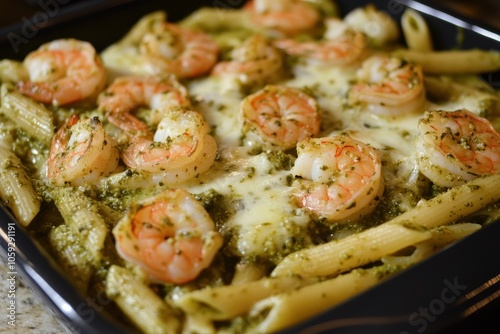 Shrimp and cheese pasta in pesto sauce