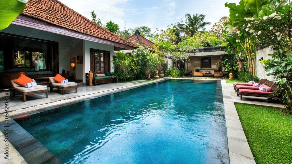 custom made wallpaper toronto digitalPristine villa pool with minimalist design, modern furniture, and lush greenery, creating a calming and exclusive atmosphere, no people.