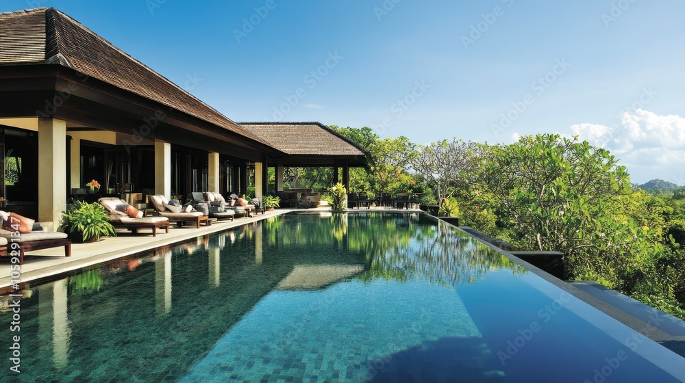 Private villa pool surrounded by stylish seating and lush plants, with a modern minimalist aesthetic, reflecting blue skies. Private villa pool surrounded by stylish seating and lush plants, with a modern minimalist aesthetic, reflecting blue skies.