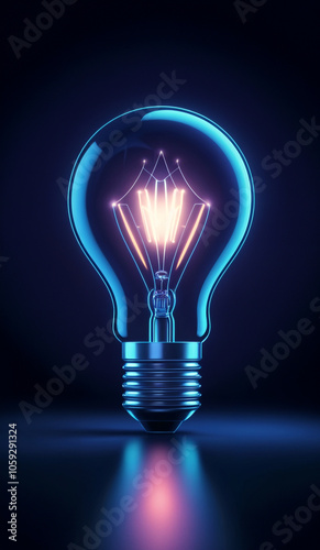 Cool tones holographic glowing lightbulb with copy space.