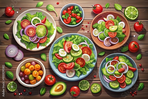 Colorful Salad Vector Set Collection Graphic Clipart Design for Urban Exploration Photography and Food Art, Perfect for Restaurants, Menus, and Healthy Lifestyle Promotion