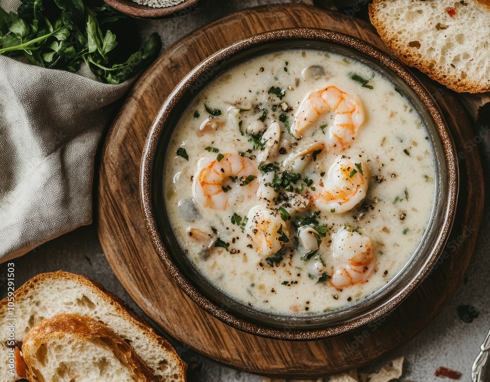 Shrimp clam chowder aerial view Shrimp clam chowder aerial view