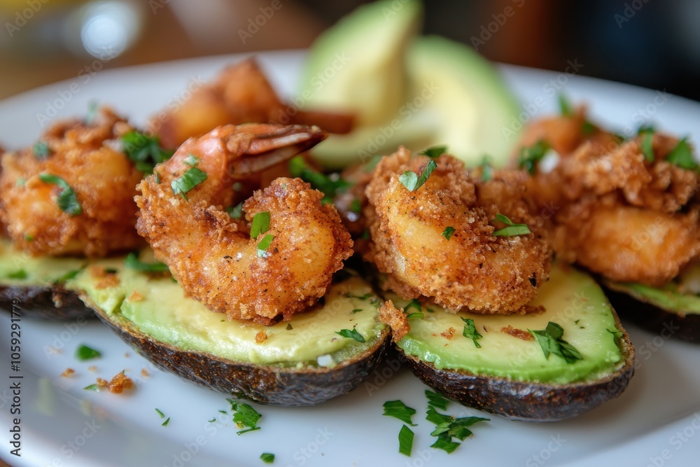 Shrimp fritters atop avocado Shrimp fritters atop avocado