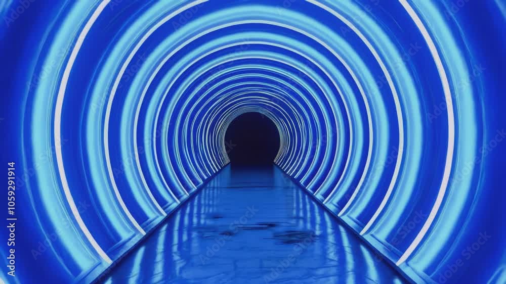 Step into the future with this illuminated tunnel featuring glowing blue arches. The reflective surfaces and symmetrical design create an endless, visually captivating perspective, ideal for tech and 