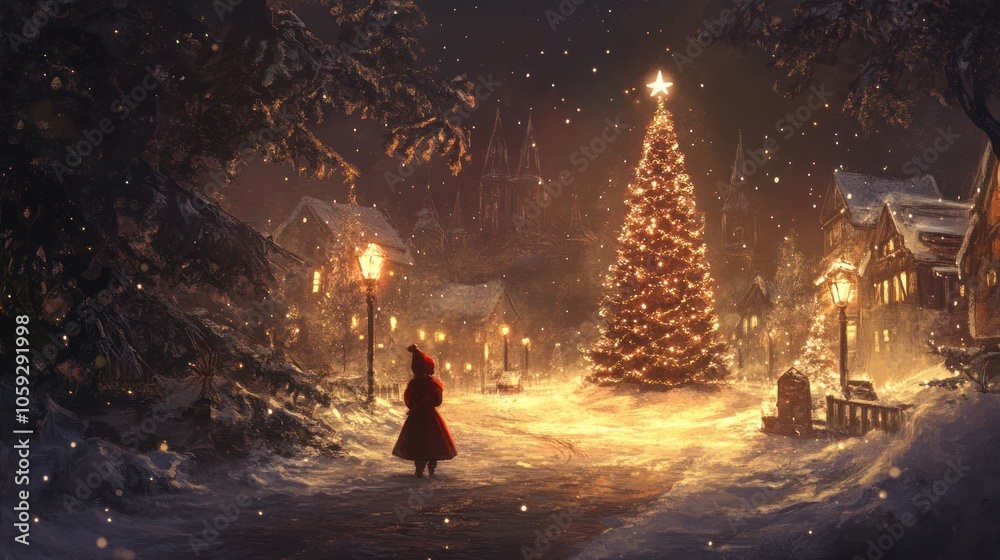 Little Girl in Red Gazing at Illuminated Christmas Tree in Snowy Village on a Winter Night Little Girl in Red Gazing at Illuminated Christmas Tree in Snowy Village on a Winter Night
