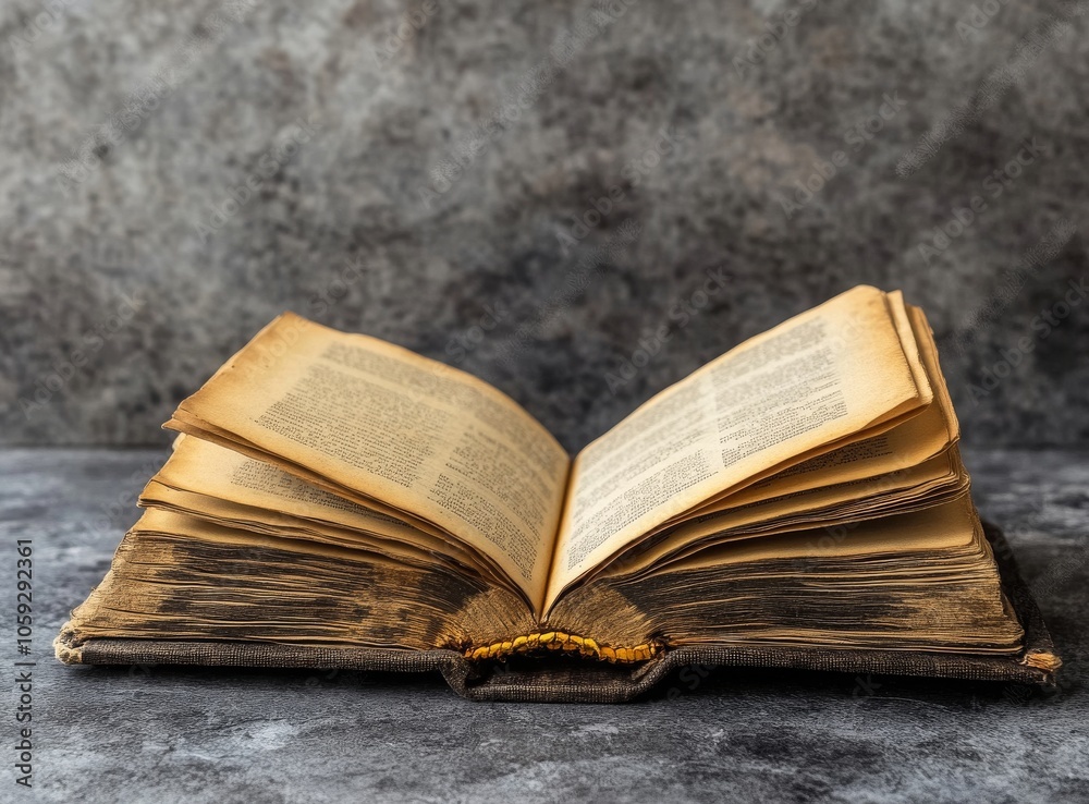 Obraz premium Old Open Book with Aged Pages on Table 