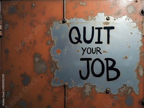 Rusty metal sign urging workers to quit their job displayed in an industrial setting during daylight hours photo