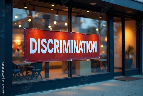 A bold sign reading discrimination displayed in the window of a storefront during early evening in an urban environment photo