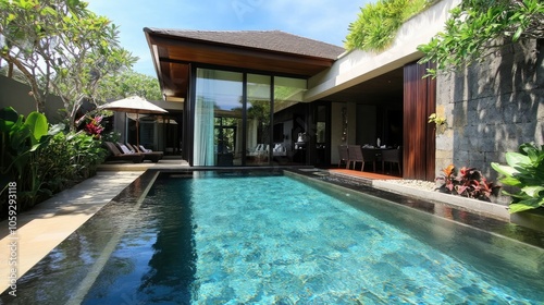 Wallpaper Mural Sleek, crystal-clear pool in a luxury villa, with modern architecture and tropical plants, emphasizing a peaceful, exclusive ambiance. Torontodigital.ca