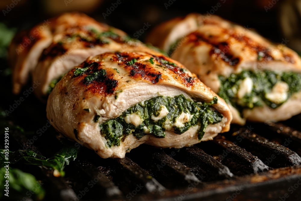 Sliced chicken fillets filled with grilled spinach Focused detail room for text Sliced chicken fillets filled with grilled spinach Focused detail room for text