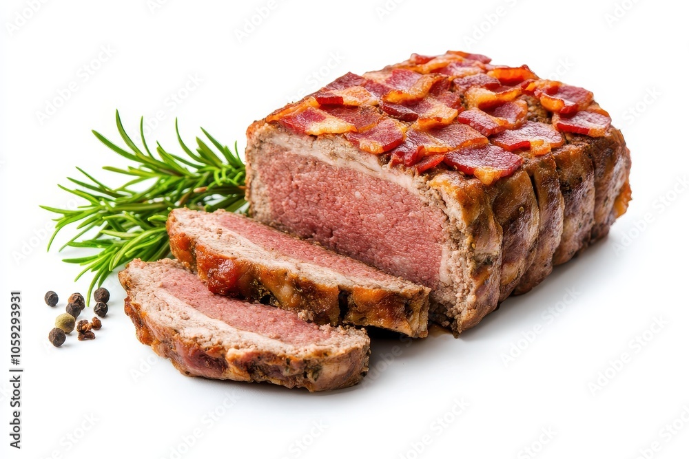 Sliced beef meatloaf with bacon and spices on a white background