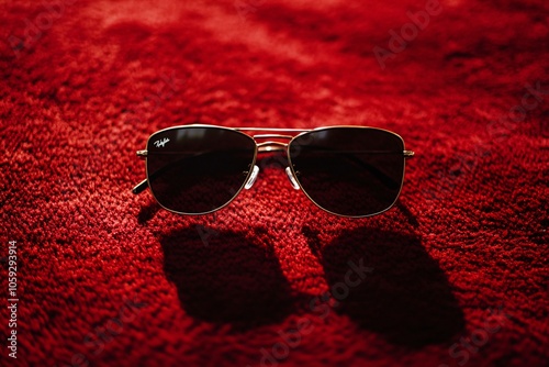 Ray Ban Sunglasses on Red Background: Classic Style and Fashion Statement photo