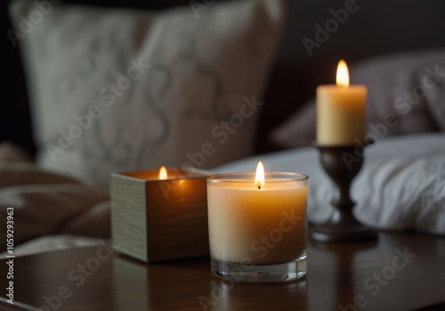 aroma candle on the coffee table close-up, against the backdrop of the bedroom