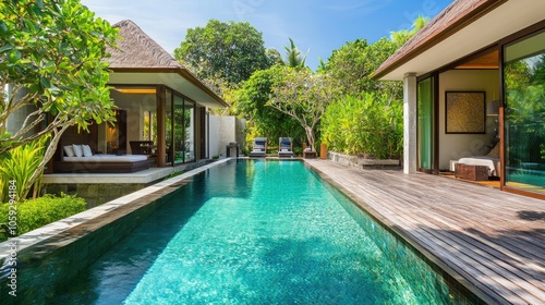 Wallpaper Mural Stylish pool in a private villa, surrounded by contemporary architecture and a wooden deck, creating a tranquil retreat, no people. Torontodigital.ca