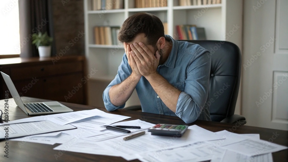 A stressed man sitting at a desk filled with documents, covering his face with his hands in frustration. The scene conveys workplace stress, overwhelm, and the challenges of handling paperwork and fin A stressed man sitting at a desk filled with documents, covering his face with his hands in frustration. The scene conveys workplace stress, overwhelm, and the challenges of handling paperwork and fin