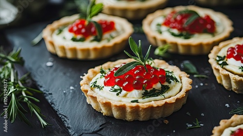 Tartlets topped with delicate red caviar on a black background, with fresh herbs for a luxurious appetizer presentation.