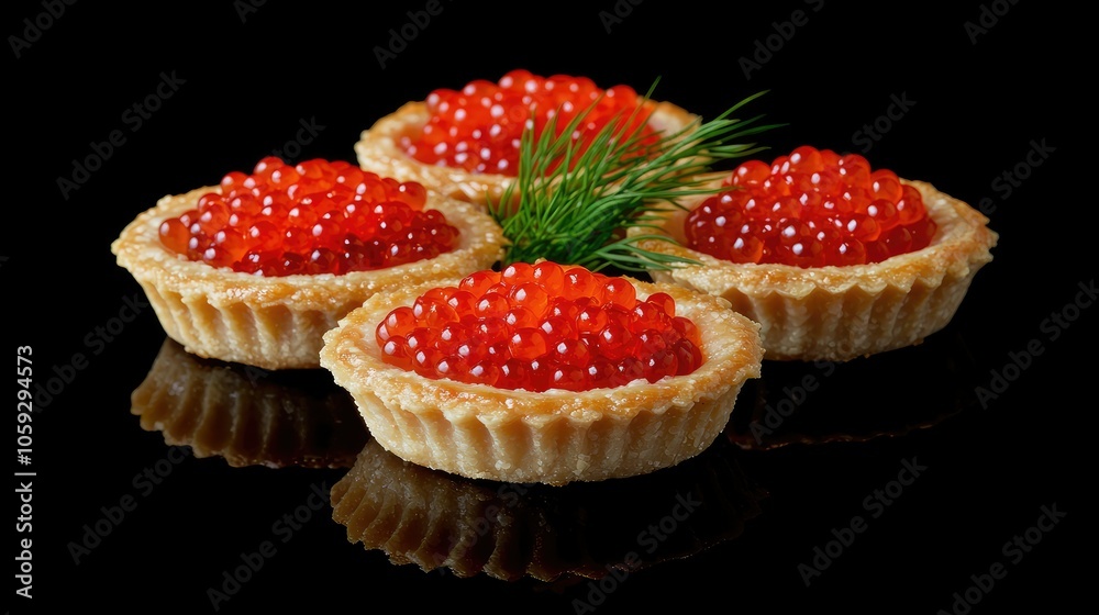 Tartlets with vibrant red caviar, garnished with dill on a black background, creating a striking, gourmet presentation. Tartlets with vibrant red caviar, garnished with dill on a black background, creating a striking, gourmet presentation.