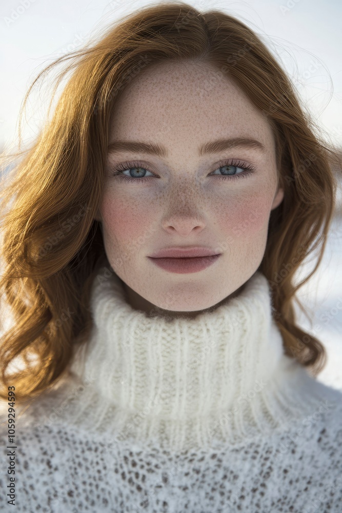Portrait of a Woman with Red Hair and Freckles Wearing a White Sweater Portrait of a Woman with Red Hair and Freckles Wearing a White Sweater