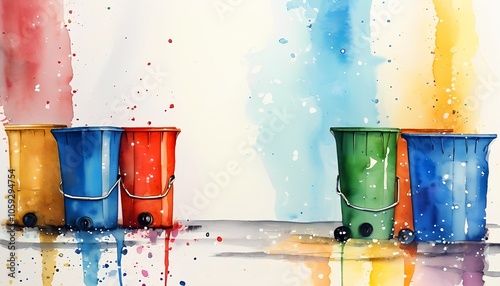 A table with paint cans and a brush, alongside various colorful drink containers like cups and bottles