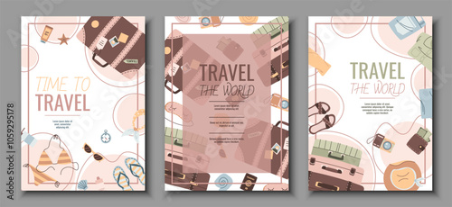 Set of tourist flyers. Posters with luggage and clothes. Travel around the world, summer vacation. Banners for a travel agency.