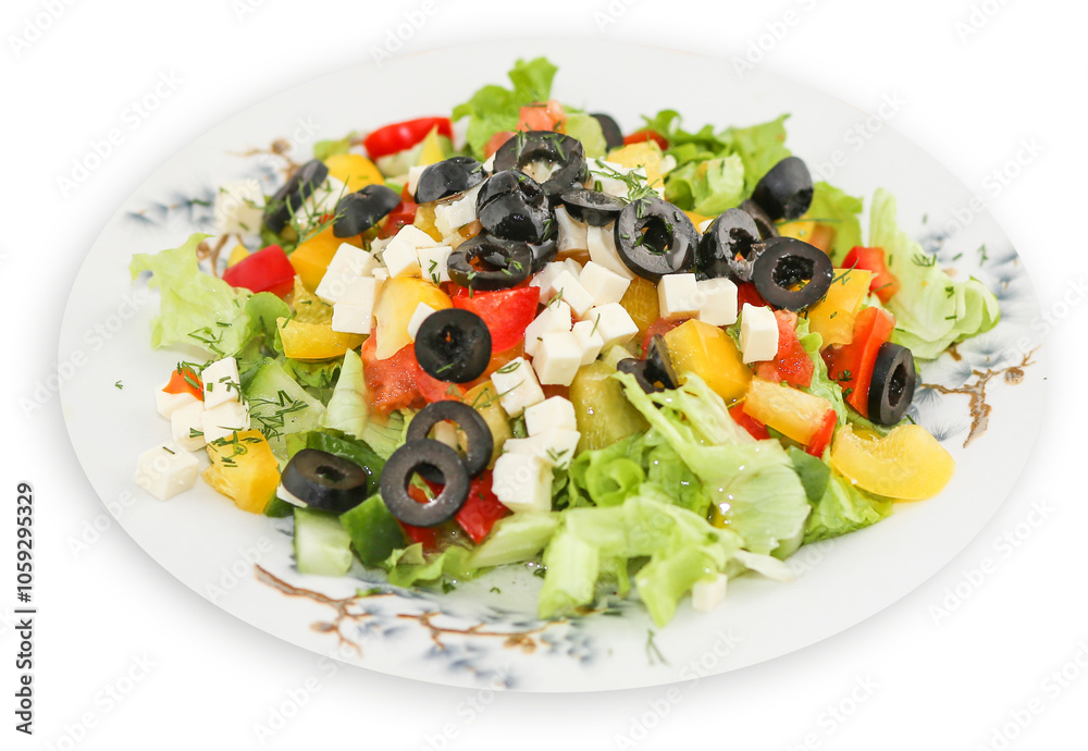 Greek salad on a plate: Cucumbers, Tomatoes, Bell peppers, Onions, Olives, Feta cheese, Salt and pepper, salad Greek salad on a plate: Cucumbers, Tomatoes, Bell peppers, Onions, Olives, Feta cheese, Salt and pepper, salad