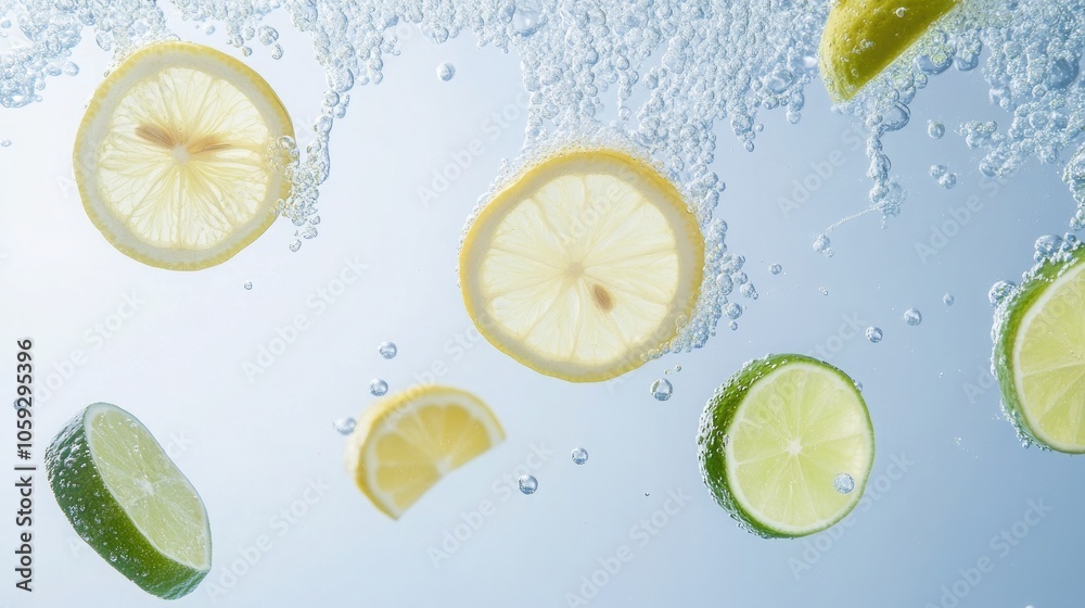 Refreshing Citrus Splash: Lemon and Lime Slices Dancing in Sparkling Water with Bubbles Refreshing Citrus Splash: Lemon and Lime Slices Dancing in Sparkling Water with Bubbles