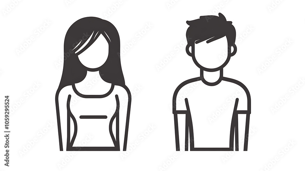 Minimalistic male and female icons in line art style, representing gender diversity and simplicity. Ideal for various design projects Minimalistic male and female icons in line art style, representing gender diversity and simplicity. Ideal for various design projects