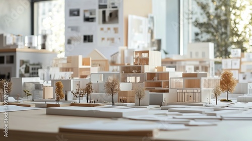 Urban Planning Office with Models and Blueprints for Low-Cost Housing Projects