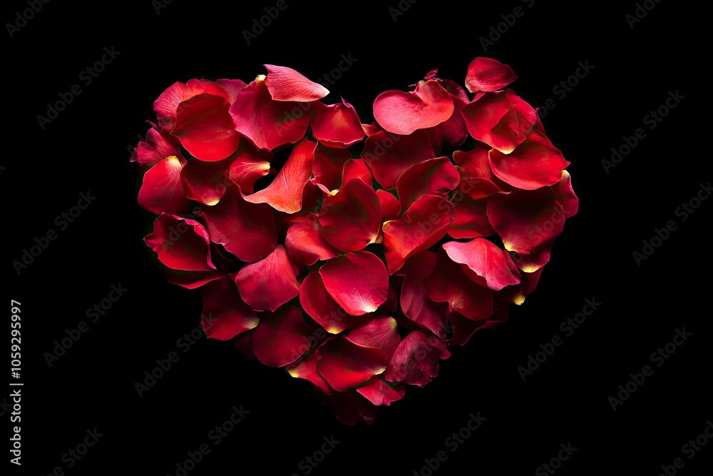 Beautiful composition with heart of red petals rose flower on black background. Love concept. Top view, Flat lay. Elegant Floral template for design to Valentine's Day, with generative ai Beautiful composition with heart of red petals rose flower on black background. Love concept. Top view, Flat lay. Elegant Floral template for design to Valentine's Day, with generative ai