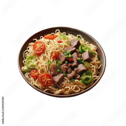 A bowl of noodles topped with sliced beef, cherry tomatoes, green onions, and chili peppers