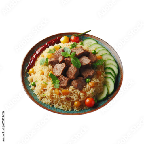 A plate of pilaf with pieces of meat, garnished with cherry tomatoes, cucumbers, mint leaves, and a chili pepper