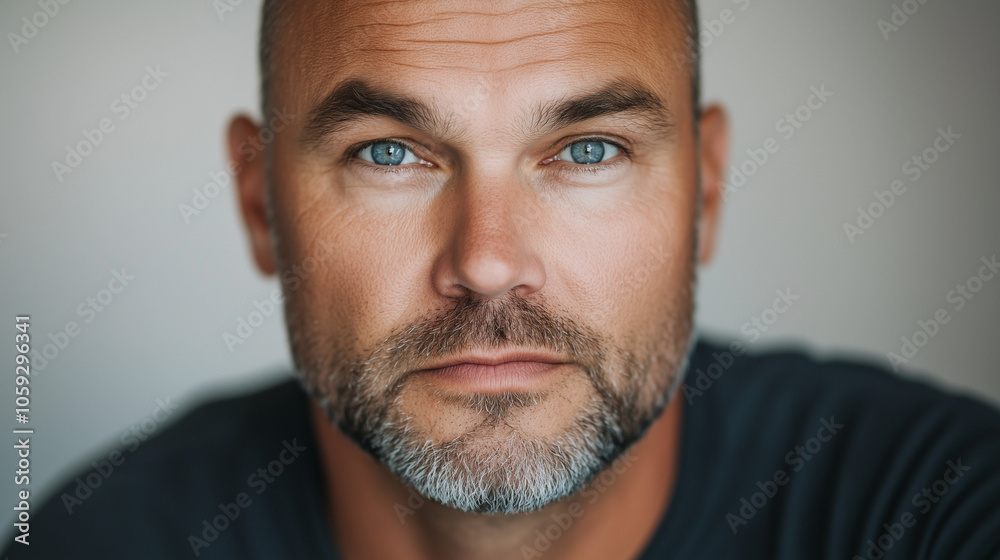 Obraz premium Focused Bald Man with Blue Eyes and Determined Look