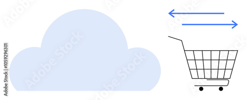 Simplified vector image of a cloud beside a shopping cart, with arrows indicating data exchange. Ideal for e-commerce, cloud computing, online shopping, digital transactions, web-based delivery