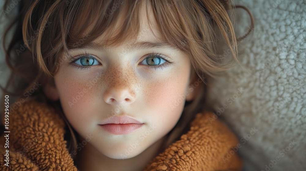 Close-up portrait of a young girl with blue eyes and freckles. Close-up portrait of a young girl with blue eyes and freckles.