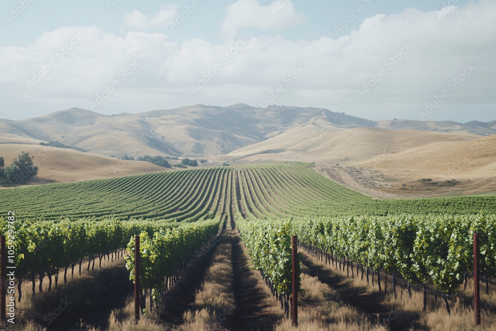 Fototapeta premium Vineyard Rows in Rolling Hills: A Picturesque Landscape