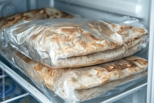 Spoiled pita in plastic wrap in the fridge Improper storage ruined food outdated idea Series installment