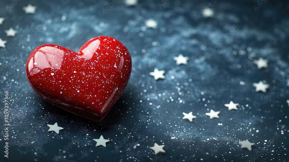 Fototapeta premium Red shiny heart on a dark background with white shining stars symbolizing dreams. Valentine's day concept. Copy space