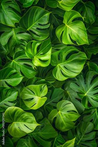 Vertical Green pattern leaves of a philodendron plant. Nature leaves, green tropical forest, backgound concept.