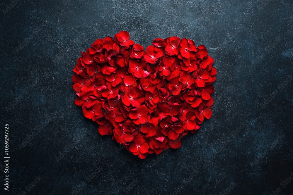 Beautiful composition with heart of red petals rose flower on black background. Love concept. Top view, Flat lay. Elegant Floral template for design to Valentine's Day, with generative ai Beautiful composition with heart of red petals rose flower on black background. Love concept. Top view, Flat lay. Elegant Floral template for design to Valentine's Day, with generative ai