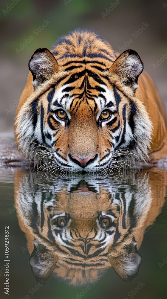 Fototapeta premium A tiger is looking at the camera while sitting in a body of water. The reflection of the tiger in the water adds to the overall mood of the image