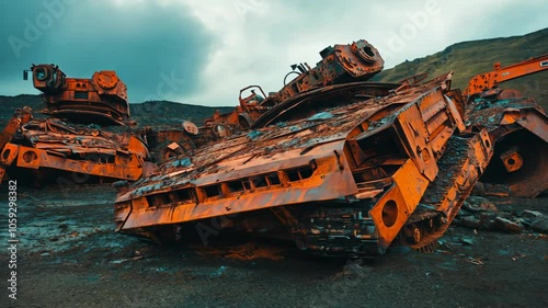 Rusty, orange military vehicles lay abandoned in a desolate landscape