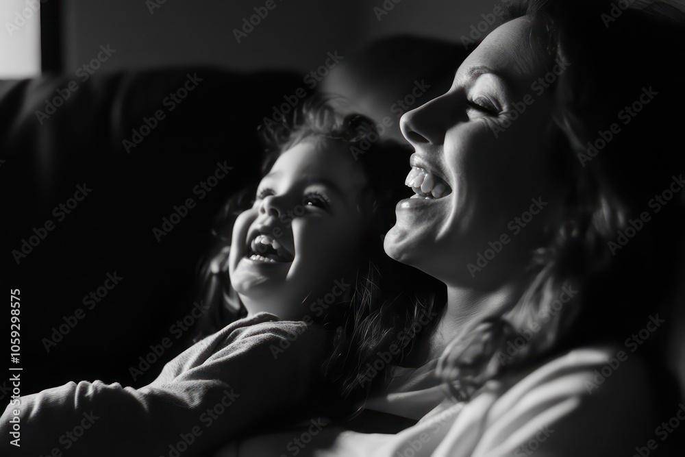 A mother and child sharing a laugh over a funny movie. A mother and child sharing a laugh over a funny movie.