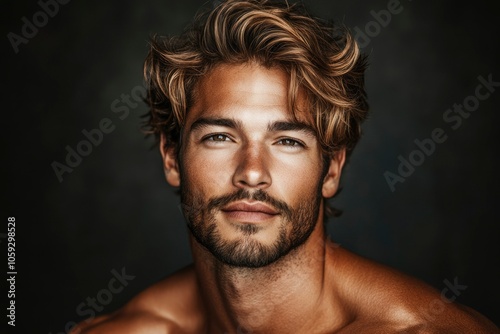 Close-up Portrait of a Handsome Man with Wavy Brown Hair and a Short Beard