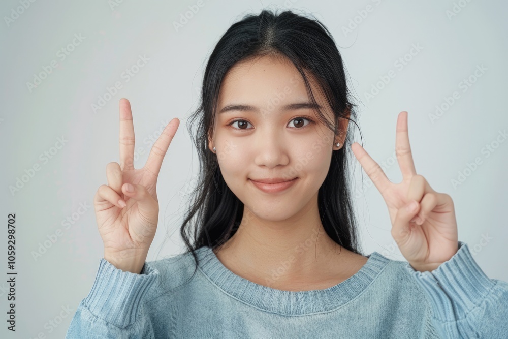Front view of asian woman showing peace signs. Studio shot of joyul chinese girl posing with smile. Front view of asian woman showing peace signs. Studio shot of joyul chinese girl posing with smile.
