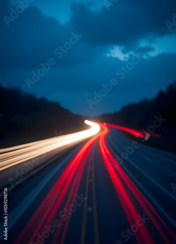 Highway overpass motion blur, an urban cityscape glowing in the background