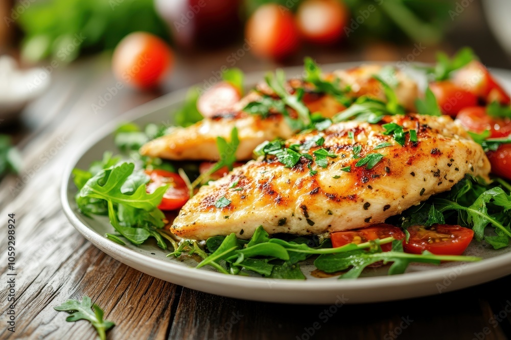 Tasty chicken piccata close up on wooden surface Tasty chicken piccata close up on wooden surface