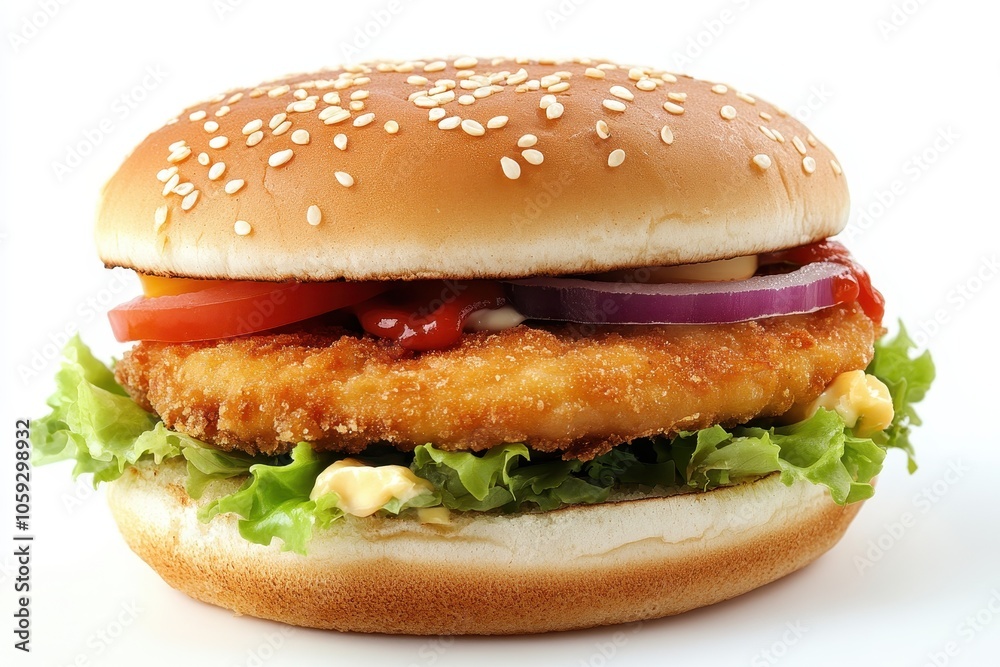 Tasty burger topped with schnitzel and coleslaw Tasty burger topped with schnitzel and coleslaw
