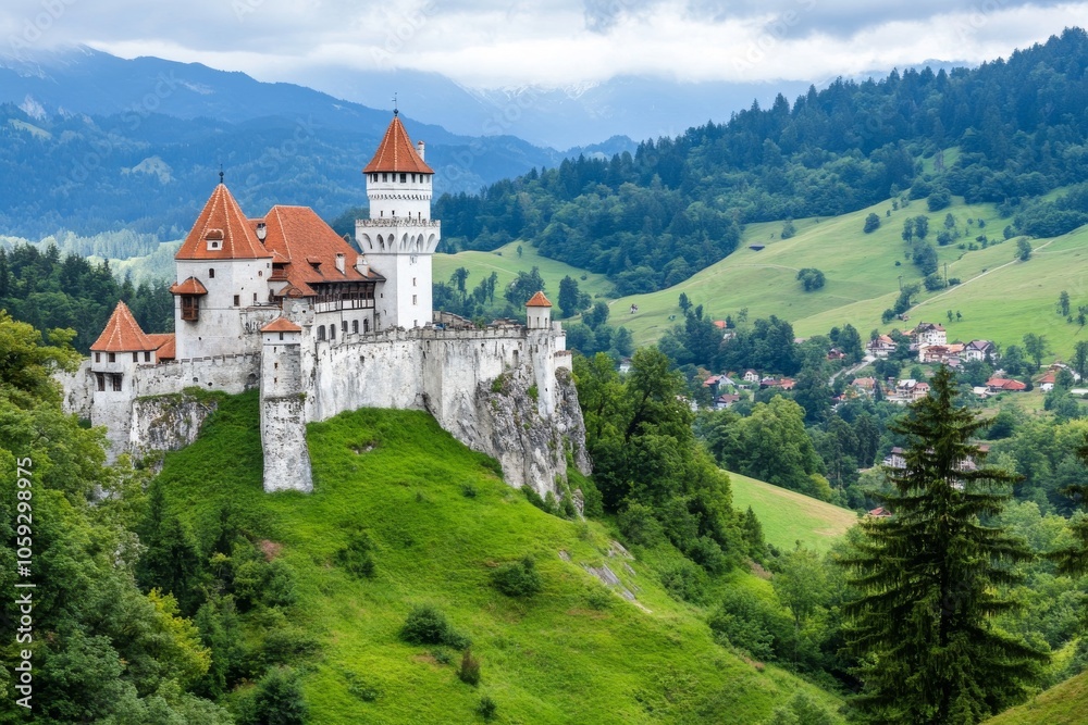 Obraz premium View of a medieval castle high in the mountains. Natural landscape with an old fortress. Ancient building. Example of medieval architecture