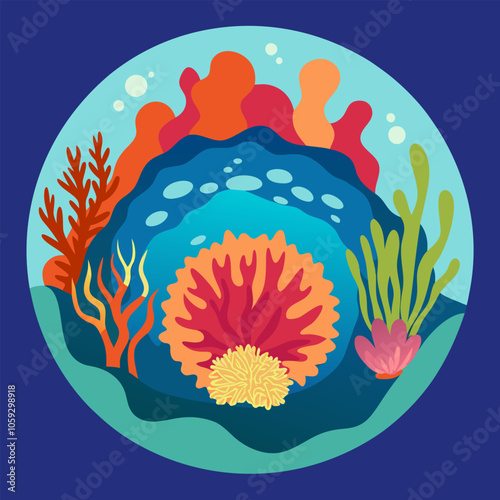 A vibrant illustration of a coral reef ecosystem, showcasing diverse coral species, seaweeds, and marine life. Perfect for educational purposes or as a decorative element for ocean-themed projects.